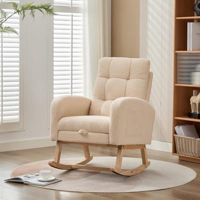Schommelstoel Teddyfluweel - Fauteuil Relaxstoel - Ontspannen Zitten - Met Verborgen Voetsteun - 132 x 50 x 99 cm - Beige