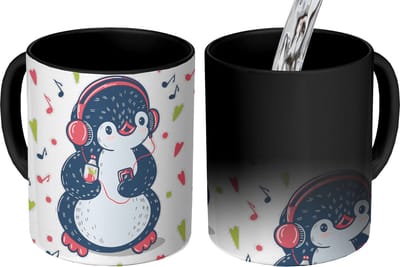 Magische Mok - Foto op Warmte Mokken - Koffiemok - Pinguïn - Muziek - Koptelefoon - Kinderen - Patroon - Magic Mok - Beker - 350 ML - Theemok