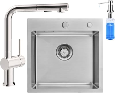 Auralum max Spoelbak Met Kraangat - Spoelbak Keuken Met L-uitloop Keukenkraan en Zeepdispenser 300ML - Spoelbakken Keuken - Keuken Gootsteen 45 x 45 cm - Keuken Gootsteen met Sifon en Afvoerzeefje - Zilver