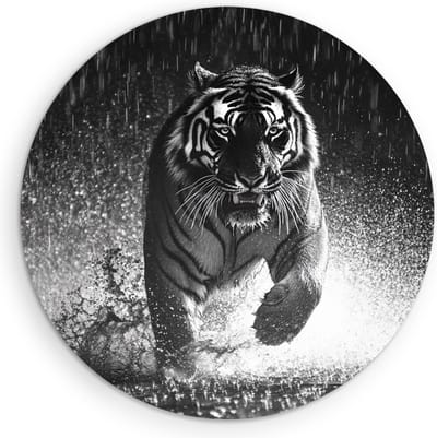 Saammp Muurcirkel Hout - Tijger in de regen - Natuur - Dieren - Ø 90 - Wandcirkel - Wanddecoratie Cirkel - muurdecoratie Woonkamer - Slaapkamer decoratie - Rond Schilderij