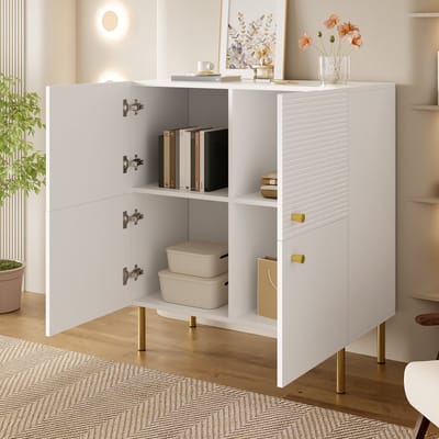 REDOM - Sideboard - Verticale Deurstructuur - Modern - Voor Woonkamer Of Hal - MDF - Wit - 80 X 36 X 90 Cm