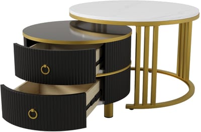 Ronde salontafel set van 2 - Met 2 lades en marmerlook - MDF en metaal - Woonkamer - Goud en zwart