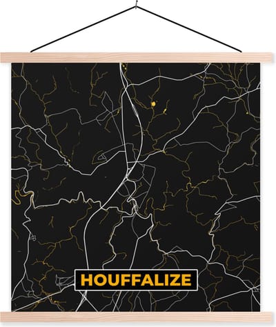 Posterhanger incl. Poster 40x40 cm - Schoolplaat - Houffalize - Plattegrond - Kaart - Gold - Stadskaart - Textielposter - Blanke latten - Stadskaart