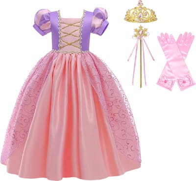 Prinsessenjurk meisje - Roze / Paarse jurk - maat 92/98 - Het Betere Merk - Verkleedkleding meisje - Carnavalskleding Kind - Kleed - Lange handschoenen - Kroon - Toverstaf