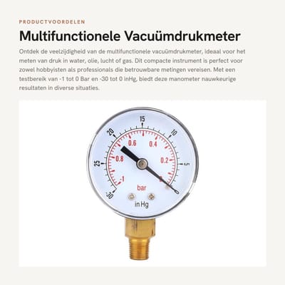 Dailygoods- Vacuümdrukmeter - -1-0Bar Testbereik - 1/8 BSPT Onderzijde - Messing Aansluiting - Transparante Deksel - Nauwkeurige Meting - Drukmeter