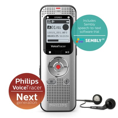 Philips DVT2015 Audio recorder incl. Sembly - Stereo MP3/PCM - Sembly spraak-naar-tekst cloudsoftware/ spraakherkenning - 8GB - USB