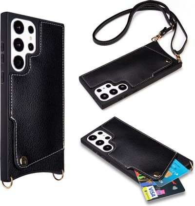 Casemania Hoesje Geschikt voor Samsung Galaxy S23 Ultra - Back Cover met Draagkoord - Pasjeshouder Hoes met Bandje - Crossbody Telefoonhoesje - Lanyard Case - Zwart
