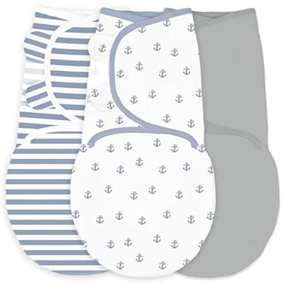 Inbakerdeken set van 3 voor baby's met verstelbare wikkel - kleine ankers, strepen en solide denim en grijs, 0-3 maanden