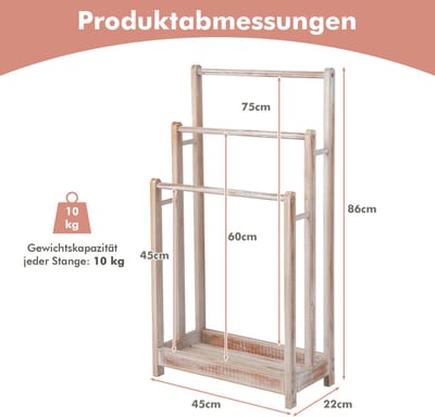 COSTWAY Handdoekenrek vrijstaand, handdoekhouder hout met 3 handdoekstangen & onderste plank & kantelbeveiliging, droogrek bruin voor badkamer, hotels (wit)