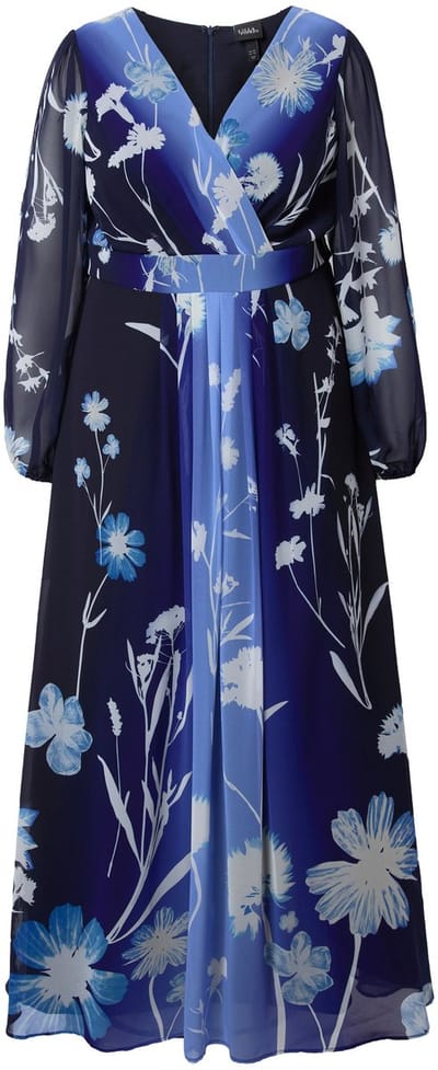 Ulla Popken - Dames - Avondjurk bloemen A-lijn V-hals lange mouwen - Marine - Maat 46+