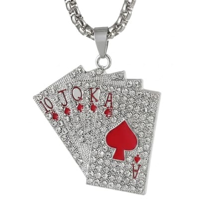 Zilverkleurige ketting met speelkaartenhanger voor heren – met rode accenten en strass – schakelketting – pokerstijl