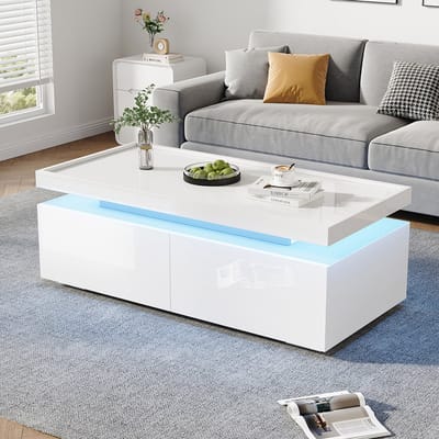 Pugsdrly Salontafel 95*45*35 cm, salontafel met LED, salontafel met 2 lades, glanzende salontafel, moderne minimalistische tafel, bijzettafel met geometrisch ontwerp, wit