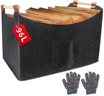 Dailygoods- Brandhoutmand XXL 96 l - Opvouwbare Mand - Vilt - Houten Handvat - Handschoenen - Slijtvast en Stootvast - Opbergmand