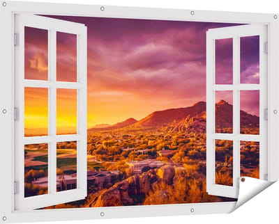 Gards Tuinposter Doorkijk Woestijn Landschap met Zonsondergang - 150x100 cm - Tuindoek - Tuindecoratie - Wanddecoratie buiten - Tuinschilderij