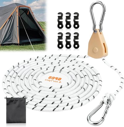 Verstelbare Reflecterende Touwen voor Tent en Outdoor Activiteiten - 4 m x 4 mm, Inclusief Haak, Set van 6 voor Kamperen en Wandelen