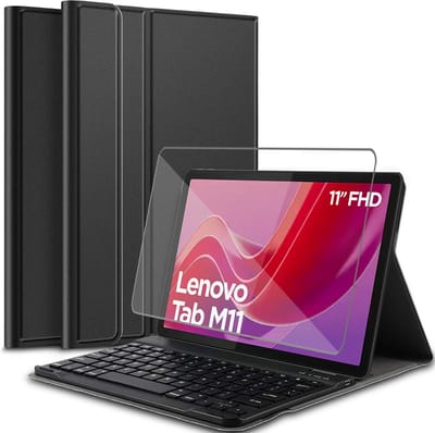 Hoes met toetsenbord geschikt voor Lenovo Tab M11 - Screen Protector GlassGuard - Keyboard Book Case Cover Hoesje Zwart & Screenprotector