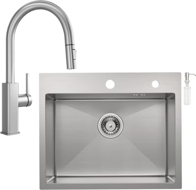 CECIPA max Spoelbak voor keuken 55x45CM - Enkele Spoelbak Met Uittrekbare Uitloop Keukenkraan - Spoelbak Keuken RVS - Spoelbak Met Kraangat - Voor 60 cm Kast