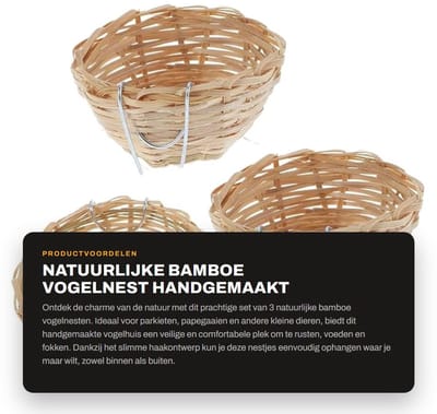 Dailygoods- Vogelnest Handgemaakt - 3 Stuks - Natuurlijk Bamboe - Vogelhuis met Haak - Voor Parkieten/Papagaaien - Duurzaam en Comfortabel - Vogelhuisje