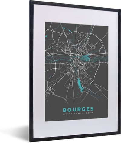 Fotolijst incl. Poster - Bourges - Frankrijk - Stadskaart - Kaart - Plattegrond - 30x40 cm - Posterlijst