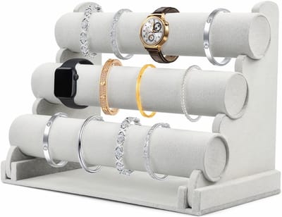Sieradenstandaard van fluweel met 3 verwijderbare niveaus voor armbanden, kettingen en horloges - Grijs en stijlvol ontwerp voor optimale organisatie van sieraden