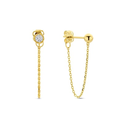 New Bling 9NBG-0735 Gouden oorbellen met kettinkje - Oorsteker - Bolletje - 3mm - Zirkonia - 3,4mm - 2cm Lengte - 14 Karaat - Goud