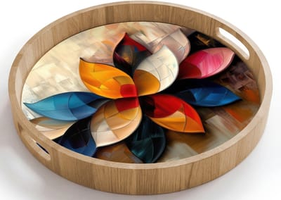 Dienblad rond 40x40 cm - Schootdienblad hout - Bloem - Abstract - Kleurrijk - Bladeren - Borrelplank rechthoek - Plateau houten dienbladen