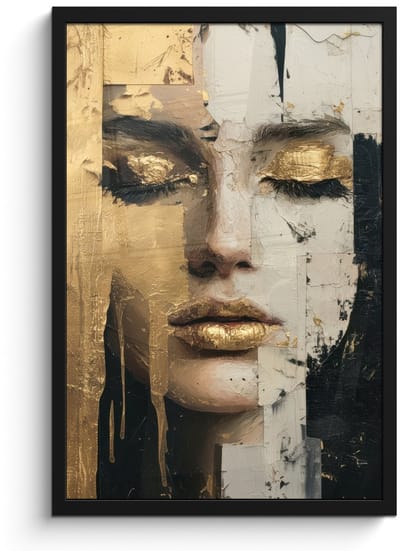 Poster in lijst - Fotolijst 40x60 cm - Posters - Abstract - Goud - Gezicht - Lippen - Posterlijst zwart - Decoratie - Wanddecoratie woonkamer - Muurdecoratie slaapkamer