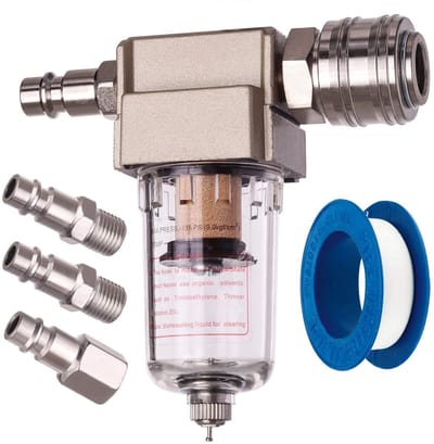 Ynkkvre - luchtfilter set - water- en olieafscheider met 1/4" aansluiting – inclusief 4 snelkoppelingen en Teflon tape – voor aansluiting op compressoren of als tussenstuk in persluchtleiding