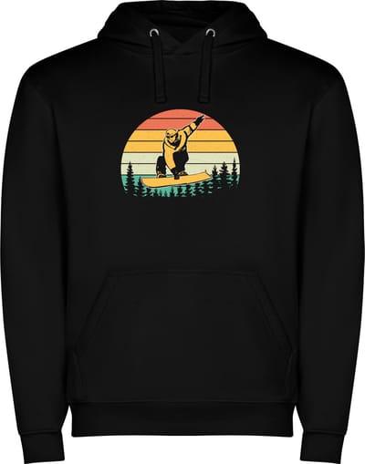 Zwarte unisex hoodie met “ Kleurrijke Snowboard – Sneeuw – Springen – Wintersport “ Print Full Color Color merk Roly maat S
