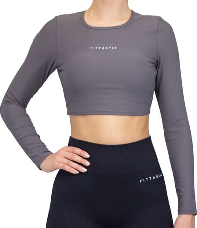 Fittastic Sportswear - Grijze sportshirt dames - Sport crop top Grijs - Long sleeve backless sportshirt dames - Backless sport crop top met open rug - Maat L - Backless top - Yoga top - Hardloopshirt - Dames - Grijs - Maat L