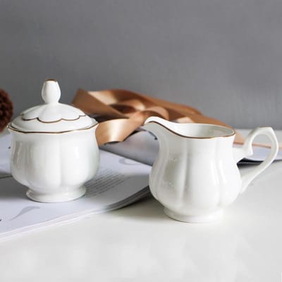 Suikerpot met deksel, Melkkannetje, Bone China, Familiecafé, Koffieshop Set, Gouden Rand Saus Roomkannetje, Snoeppot, Moderne Mode white