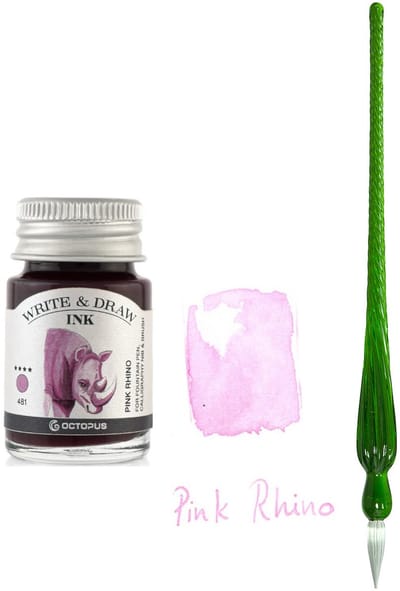 Glazen dip pen set in doosje - Groen - Potje Octopus inkt pink rhino