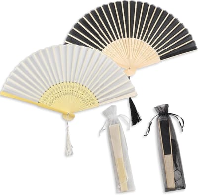Elegante Vouwfan Set van 2 - 21 cm Handgeweven Zwart-Wit Bamboefans voor Bruiloften, Feesten en Wanddecoratie met Organza Tas