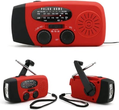 PolkaHome nood-radio met 3 LED-zaklamp en 1000 mAh powerbank voor smartphones, op zonne-energie aangedreven handslinger, voor wandelen, outdoor, kamperen, noodgevallen