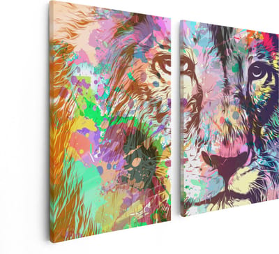 Artaza Canvas Schilderij Tweeluik Gekleurde Leeuw - Abstract - 80x60 cm - Wanddecoratie Woonkamer - Schilderijen - Muurdecoratie