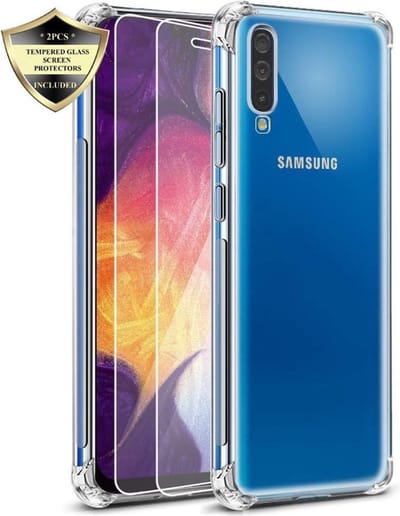 LuxeBass Samsung Galaxy A70 Hoesje - Anti Shock Hybrid Case & 2X Tempered Glas Combi - Transparant