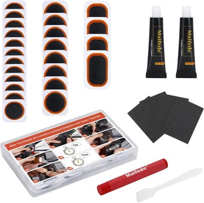 Reparatieset voor fietsbanden, met 24 gevulkaniseerde patches, draagbare opbergdoos, schuurpapier en kleurpotloden, voor fietsers, BMX en opblaasbaar rubber (rood)