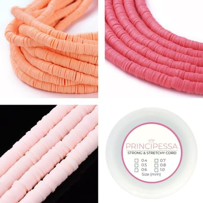 Principessa Katsuki kralen met rol elastiek – Perzik, Fuchsia en Roze – 1.150 kralen – Polymeer klei – 6mm kralen
