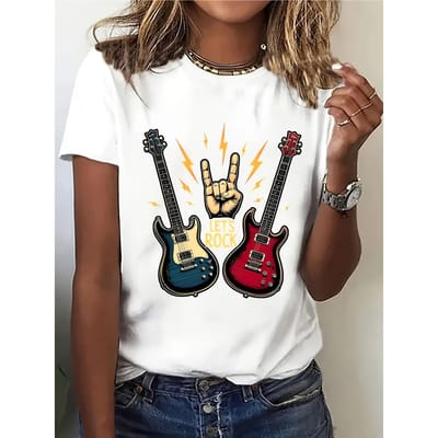 Dames T-shirt met korte mouwen, Rockgitaar Design | Casual Ronde Hals, Comfortabele Stof met Gemiddelde Stretch XXL wit
