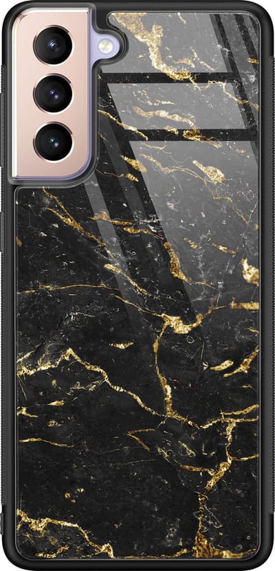 Hoesje geschikt voor Samsung Galaxy S21 Plus - Marmer zwart goud - Luxe Glazen Hardcase - Marmer - Zwart, Goud