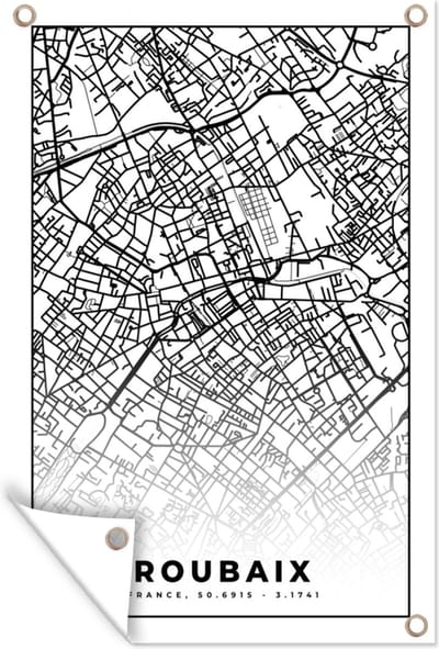 Muurdecoratie Kaart - Roubaix - Stadskaart - Frankrijk - Plattegrond - Zwart wit - 120x180 cm - Tuinposter - Tuindoek