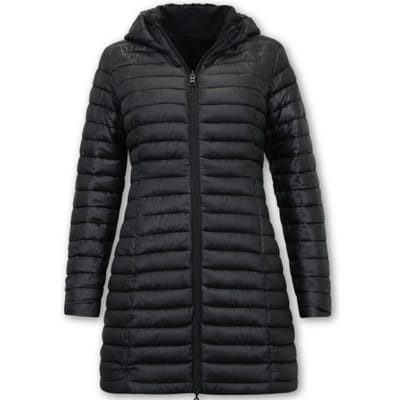 Lange Winterjas Dames met Capuchon - Dames Winterjas Parka - Puffer Jas Dames Slim Fit Dubbelzijdig - 2161 - Zwarte Jas