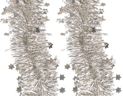 Decoris kerstslingers - 4x - licht champagne - 270 x 10 cm - tinsel/folie - sterren - lametta slingers