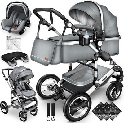 Buggy-Kinderwagen 3 in 1-kinderwagens Complete Set -One -Click Opvouwbare Kinderwagen-Kinderwagen Set voor Baby's Pasgeborenen XXL Set-(Grijs / Zilver).