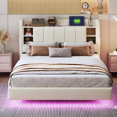 Wishdor Gestoffeerd Tweepersoonsbed 140x200 cm – Zwevend Effect – Flip-top Hoofdbord met Opbergvakken en USB – Linnen – Beige