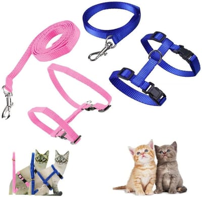 SnelShoppen - Set van 2 Verstelbare Nylon Kattenlijnen en Zachte Kattenharnas voor Kittens en Konijnen (Blauw & Roze) - Duurzaam en Comfortabel