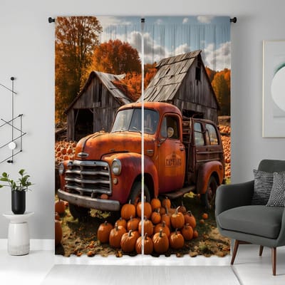 2 stuks HD Thanksgiving Country Cottage Pompoen Bus gordijn Geel lint digitaal bedrukt gordijn Woondecoratie stijl Versier woon W52H63inchW132H160cm brown