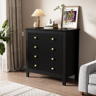 Wishdor Dressoir Met 5 Lades - Gestructureerde Fronten - Vergulde Handgrepen - Spaanplaat - Zwart - 79 X 39,5 X 80,5 Cm
