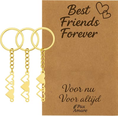 BFF Sleutelhanger voor 3 'Best Friends Forever' - Hartjes - Sleutelhangers op Cadeau Kaartje - Goudkleurig - Vriendschap Symbool - Pax Amare