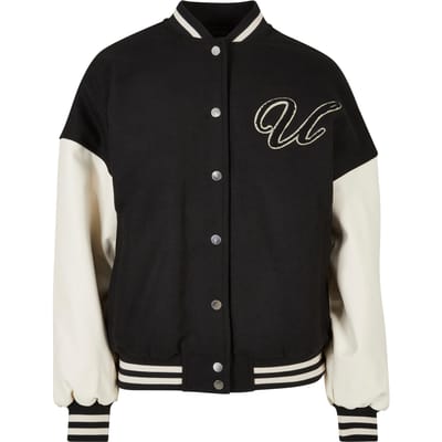 Urban Classics Ladies Oversized Big U College Jacket Black/palewhite Maat: XS | Bomberjacks Outlet | Dames | Zwart